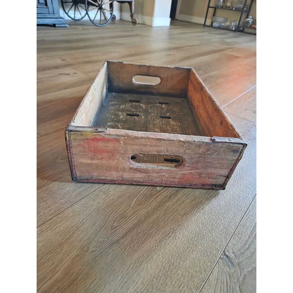 Vintage 70s Coca-Cola Wooden Soda Crate Red Rustic Metal Reinforced Storage Box